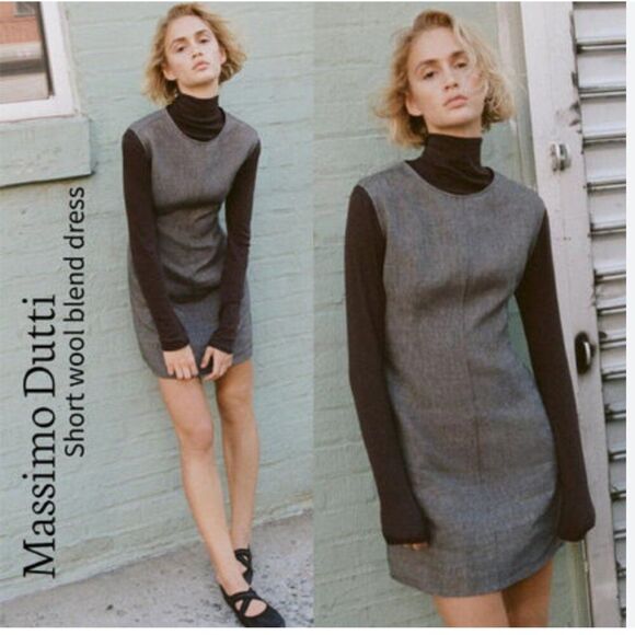 Massimo Dutti Womens Mini Dress Size S Black Gray Wool Blend 6673/673 NWT - Picture 1 of 10